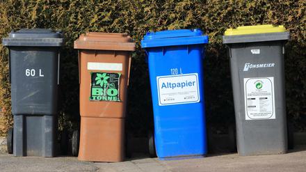 Tonnen für Hausmüll (l-r), Bioabfälle, Altpapier und Wertstoffe stehen zur Entsorgung von Abfällen bereit. 