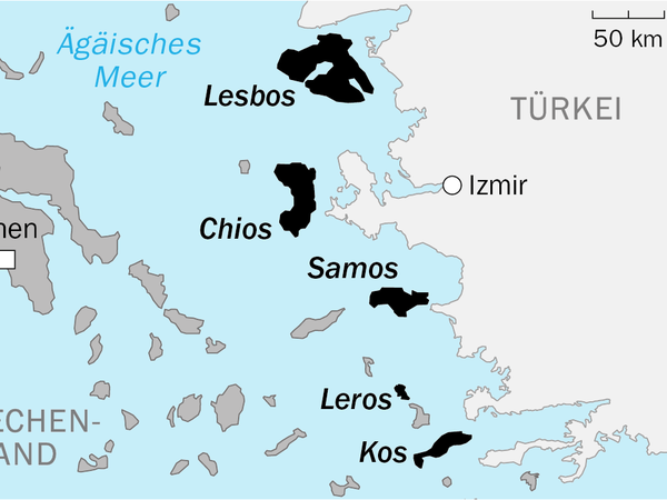 Griechische Inseln mit großen Flüchtlingslagern. 