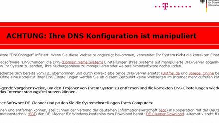 So sieht die Meldung auf der Testseite www.dns-ok.de aus, wenn die DNS-Einstellungen manipuliert sind.