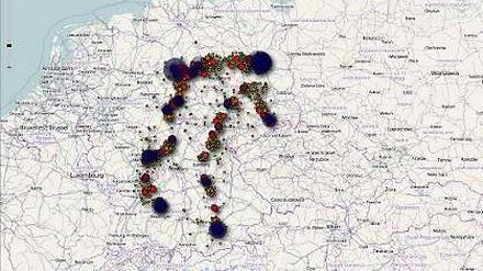 Der Screenshot erstellt mit iPhoneTracker zeigen die die Ortungsdaten eines iPads in Deutschland.