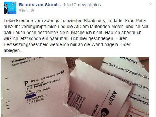 AfD-Vizechefin Beatrix von Storch protestiert gegen die Ausladung von Frauke Petry - und weigert sich, Rundfunkgebühren zu zahlen. 