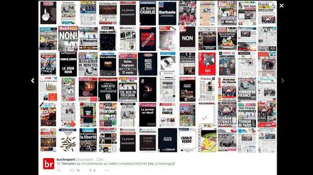 Die Webseite "Buchreport" twitterte eine Zusammenstellung von 72 Titelseiten zum Attentat.