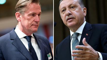 Mathias Döpfner (links), Vorstandsvorsitzender der Axel Springer SE, hält weiter zu Jan Böhmermann im Streit mit dem türkischen Präsidenten Recep Tayyip Erdogan (rechts). 