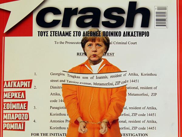 In Handschellen möchte das griechische Magazin "Crash" Bundeskanzlerin Angela Merkel sehen. 