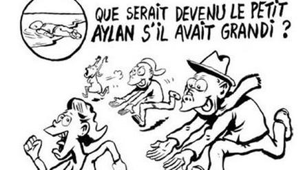 "Was wäre aus dem kleinen Aylan geworden, wenn er überlebt hätte?", heißt es in der Karikatur, die "Charlie Hebdo" zeigt. Die Antwort: "Ein Hinterngrapscher in Deutschland". 