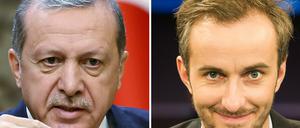 Jan Böhmermann (rechts) darf weite Teile seines "Schmähgedichts" über Recep Tayyip Erdogan, früher Ministerpräsident und jetzt Staatspräsident der Türkei, nicht wiederholen.
