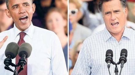 Die Duellanten.: Barack Obama (links) und Mitt Romney machen Wahlkampf. Foto: EPA