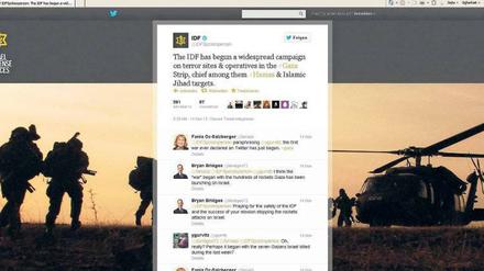 Teil der Propaganda. Ein Screenshot vom Donnerstag zeigt eine deutsche Internetseite von Twitter, auf der die israelischen Streitkräfte (IDF) ihren Angriff auf Gaza mitteilen.Foto: dpa