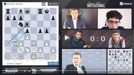 Blitzkombinationen vor Millionen Zuschauern. Weltmeister Magnus Carlsen (o. l.) und sein 16 Jahre junger Widersacher Alireza Firouzja (o. r.) beim Schachspielen, übertragen von Dazn. Der Streamingdienst ist froh, derzeit ein sportliches Liveevent anbieten zu können.