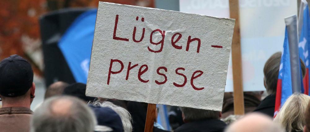 Anhänger der Alternative für Deutschland (AfD) demonstrieren gegen die deutsche Asylpolitik, auf einem Schild steht "Lügenpresse".