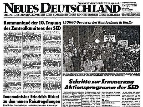 Der Mauerfall wird fast zur Fußnote. "Neues Deutschland" vom 10./11. November 1989