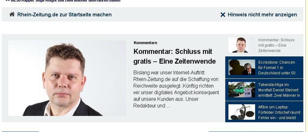"Schluss mit gratis", heißt es ab jetzt beim Online-Auftritt der "Rhein-Zeitung" in Koblenz.