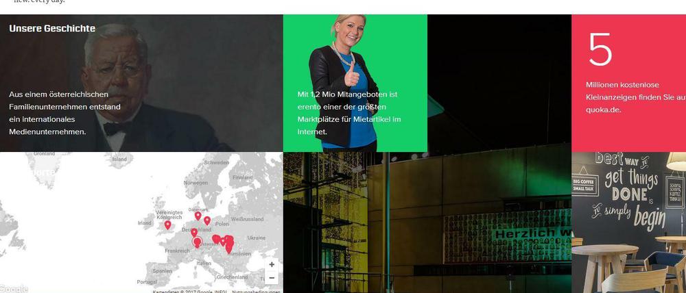 Die deutschen Russmedia-Aktivitäten um Quoka und Erento nehmen auf der Homepage des Unternehmens einen prominenten Platz ein.