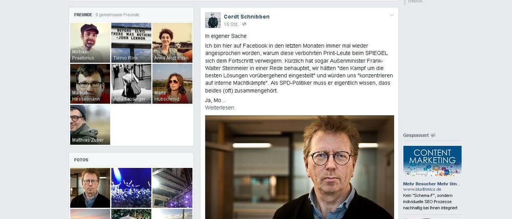 Cordt Schnibben ließ auf seinem Facebook-Profil "in eigener Sache" Dampf ab.
