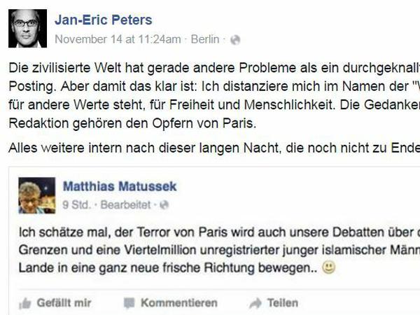 "Welt"-Chefredakteur Jan-Eric Peters bezeichnete die Äußerung von Matthias Matussek zu den Anschlägen von Paris auf Facebook als "durchgeknallt". 