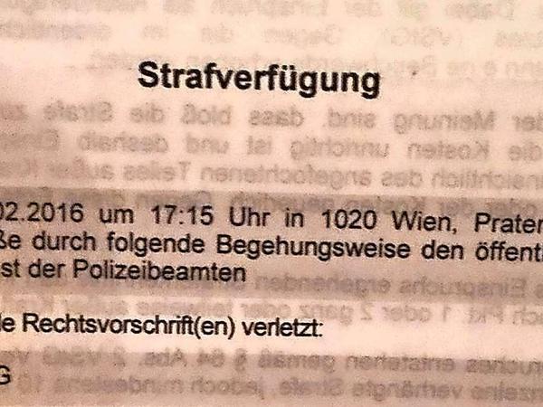 Die Strafverfügung, die einem Mann ins Haus flatterte, nachdem er in Hörweite eines Polizisten auf dem Prater in Wien gerülpst hatte. 