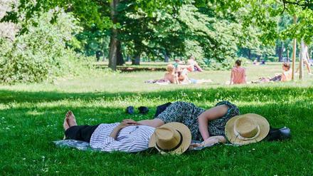 Hitze in Berlin: Zwei Menschen liegen mit Strohhut über dem Gesicht im Tiergarten.