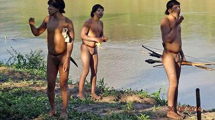 Drei der Mitglieder eines bisher unbekannten Volksstammes im Amazonasgebiet.