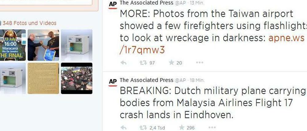 Originaltweet und Richtigstellung auf einen Blick: Erst meldete die amerikanische Nachrichtenagentur Associated Press vermeintlich eine Bruchlandung in Holland, dann eine Landung. Die Fehlerquelle beim Lesen liegt in der Zuordnung des Wortes "crash".
