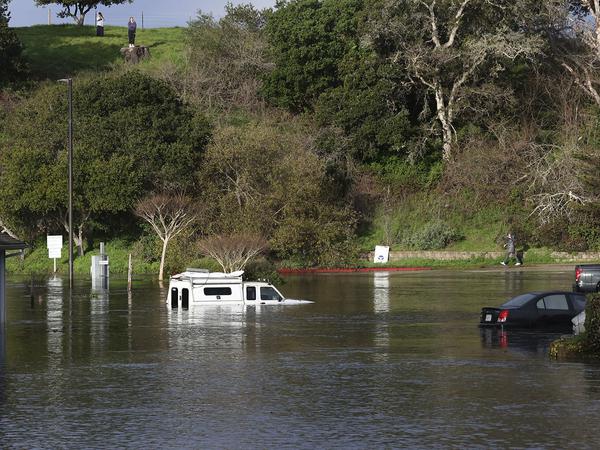 Autos stehen im Hochwasser auf einem durch eine Tsunami-Flutwelle überschwemmten Parkplatz am oberen Hafen von Santa Cruz in Kalifornien.