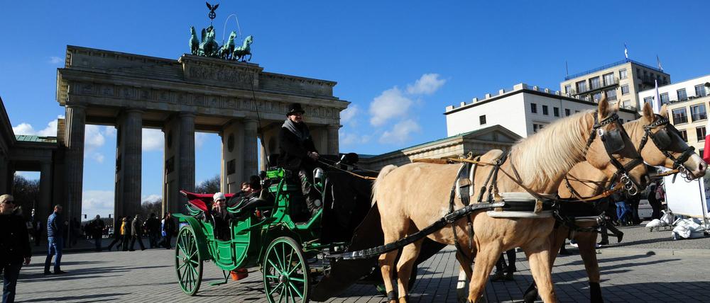 Eine Pferdekutsche mit Touristen vor dem Brandenburger Tor in Berlin. 