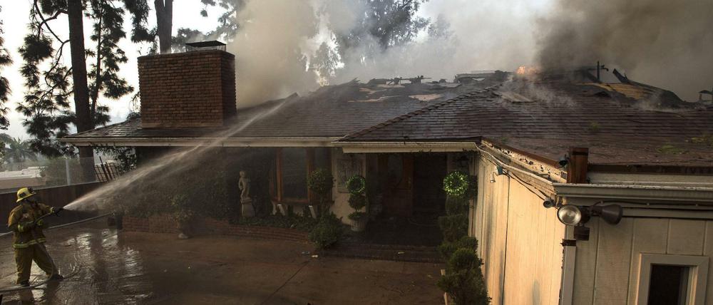 Kampf gegen die Flammen. Feuerwehrleute aus Los Angeles versuchen in Bel Air ein Haus vor dem Buschbrand zu retten. 