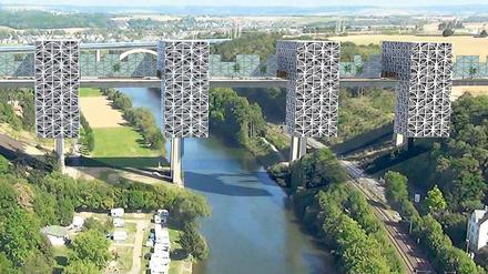 Groß gedacht. 40 Meter hoch sollen die vier Wohntürme auf der alten Autobahnbrücke werden.