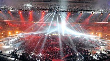 Lightshow in der Düsseldorfer Arena. Hier soll am 14. Mai 2011 der Eurovision Song Contest stattfinden. 35 000 Karten für das Musikspektakel kommen in den Verkauf. 