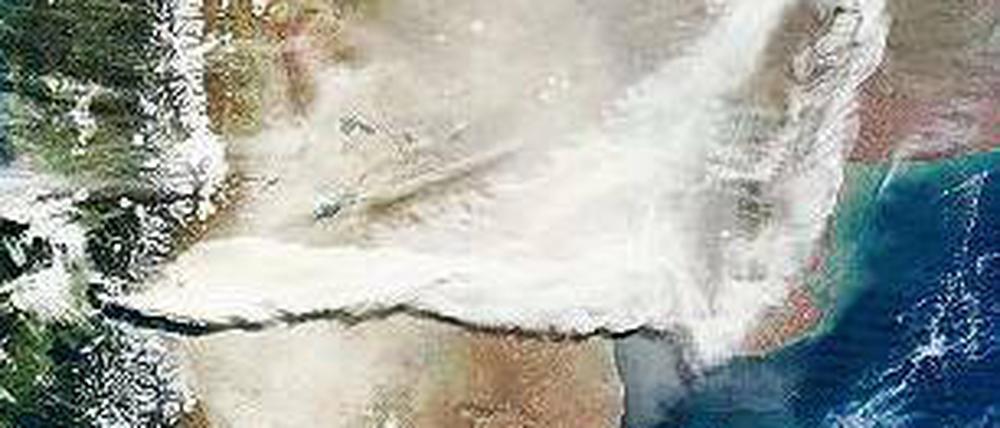 Die Wolke. Auf dem Satelliten-Foto der Nasa ist die Asche klar zu sehen. Foto: rtr