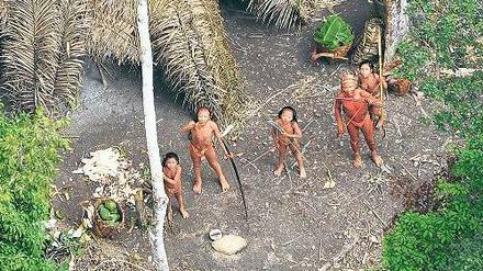 In Bedrängnis. Dieser Stamm indianischer Ureinwohner des Amazonas-Gebietes war 2008 der Weltöffentlichkeit durch diese Luftaufnahmen bekannt geworden. Bewaffnete Drogenbanden haben das Gebiet überfallen, von den Indianern fehlt jede Spur. Foto: AFP