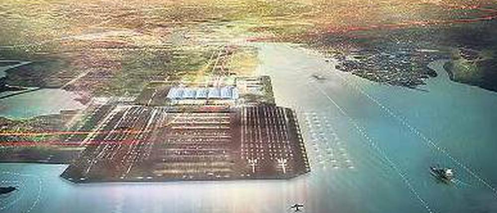 Vier Landebahnen und Hochgeschwindigkeitsverbindungen zur dahinterliegenden Stadt sowie zum Kontinent. Norman Fosters Entwurf für die Themsemündung. 