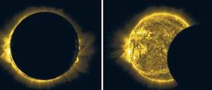 Hell, dunkel, hell. Die Aufnahmen des Esa-Satelliten „Proba-2“ zeigen, wie sich der Mond vor die Sonne schiebt. 