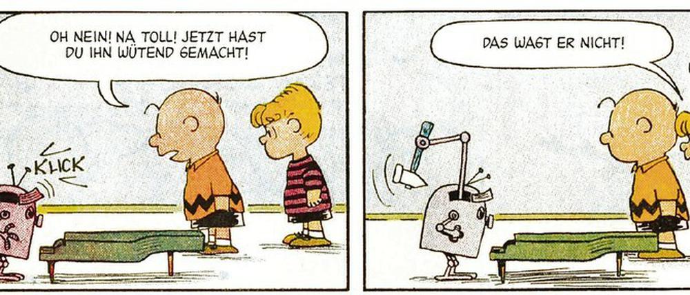 Roboter-Alarm. Eine Szene aus dem Comic „Peanuts – Maschinenaufstand“, der jetzt erstmals auf Deutsch veröffentlicht wurde.
