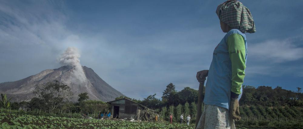 Eine Farmerin in Indonesien schaut sich den Ausbruch des Vulkans Sinabung an. 3000 Einwohner der Insel Sumatra wurden in Sicherheit gebracht. 