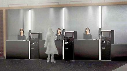 Eine Computer-Illustration zeigt einen weiblichen Gast eines Hotels in Japan an der Rezeption, hinter der drei Roboter in weiblicher Gestalt für die Gäste bereit stehen.