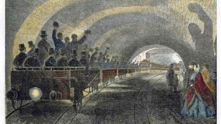 Ein Holzstich zeigt die erste Probefahrt der Londoner U-Bahn im Jahr 1862.