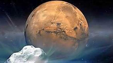 Der Komet „Siding Spring“ nähert sich auf dieser Animation dem Mars.