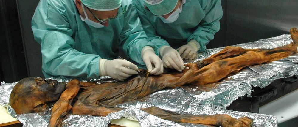 Forscher entnehmen Proben des Mageninhaltes der Mumie Ötzi.