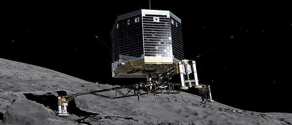 Dieser Screenshot aus einem Video zeigt die simulierte Landung von "Philae" auf dem Zielkometen Tschurjumow-Gerassimenko. Die Raumsonde Rosetta versucht am Donnerstag eine Kontaktaufnahme zum Landeroboter Philae auf dem Kometen Tschuri herzustellen.