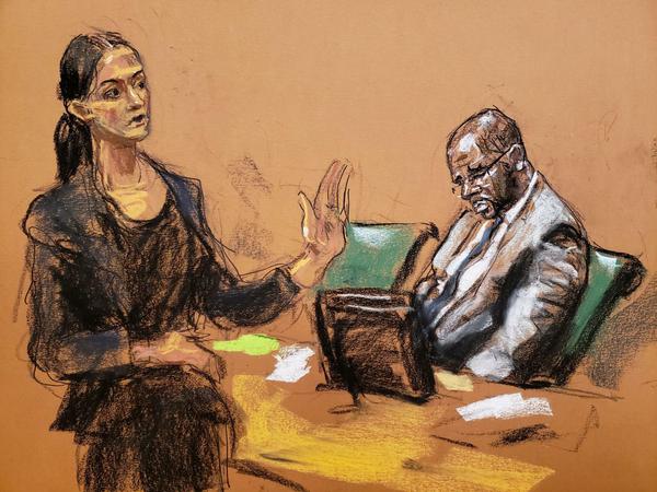 Eine Gerichtszeichnung von R. Kelly und seiner Anwältin Nicole Blank Becker.
