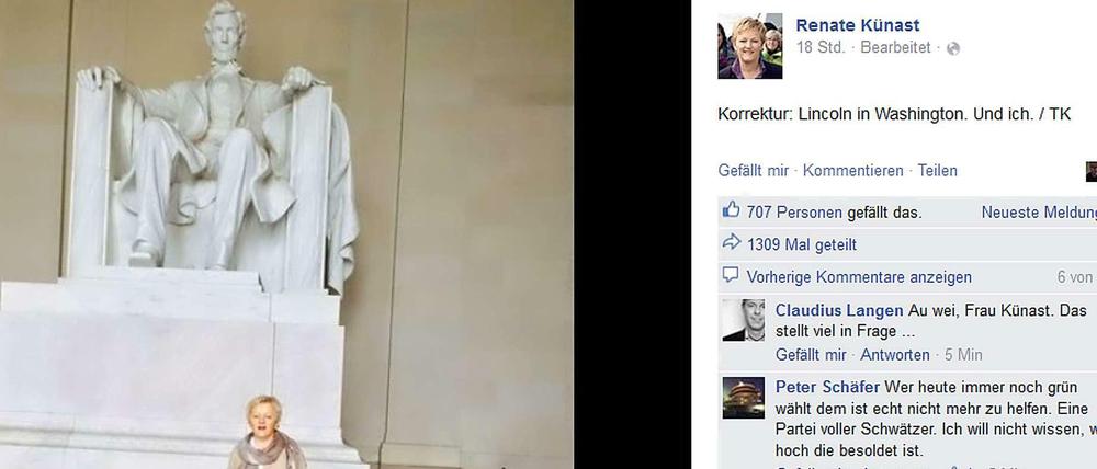 Grünen-Politikerin Renate Künast vor dem "Lincoln Memorial" in Washington. Da sie Abraham Lincoln zunächst für George Washington hielt, gab es bei Facebook viel Häme. 