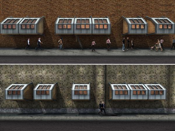 So stellt sich James Furzer das London der Zukunft vor: In Boxen an Hauswänden über dem Gehsteig sollen Obdachlose Unterschlupf finden. 