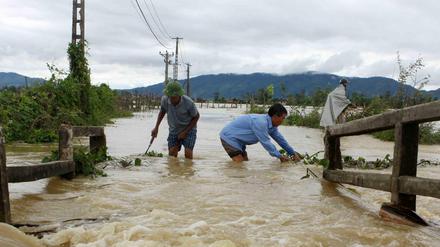 Männer waten durch ein überflutetes Gebiet in der zentralen Provinz Nghe An.