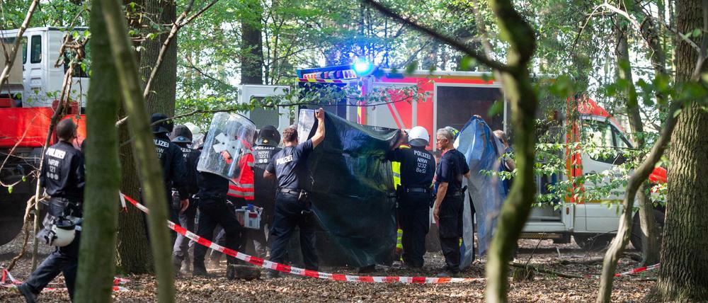 Polizisten und Notärzte bringen einen Journalisten zu einem Krankenwagen, der von einer Hängebrücke im Hambacher Forst gefallen ist.