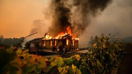 Ein Haus brennt bei einem Buschbrand im Sonoma County lichterloh.