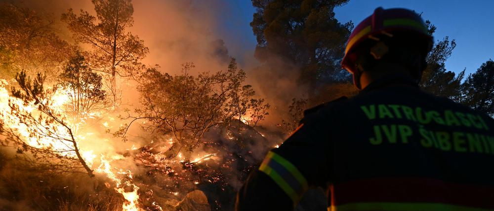 Ein Feuerwehrmann beobachtet am 13. Juli einen Waldbrand im kroatischen Zaton.