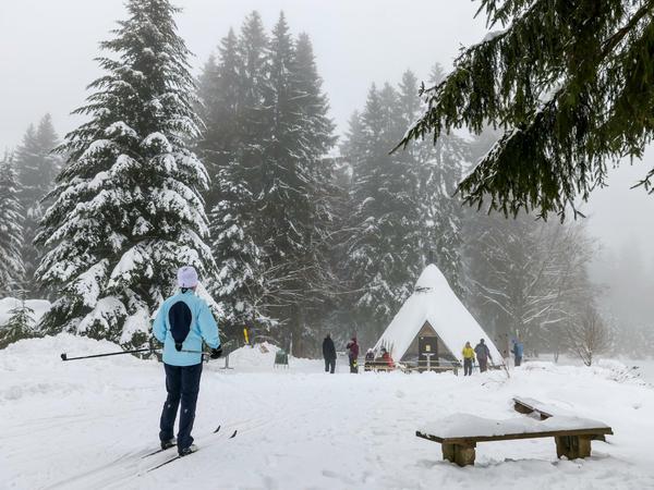Sachsen, Schöneck: Eine Frau betreibt Langlauf im verschneiten Winterwald bei der Meilerhütte im Vogtland. Skibetrieb ist im Moment in Sachsen unter 2G möglich.