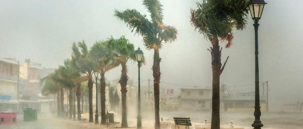 Meerwasser überflutet eine Straße im Hafen von Argostoli. 