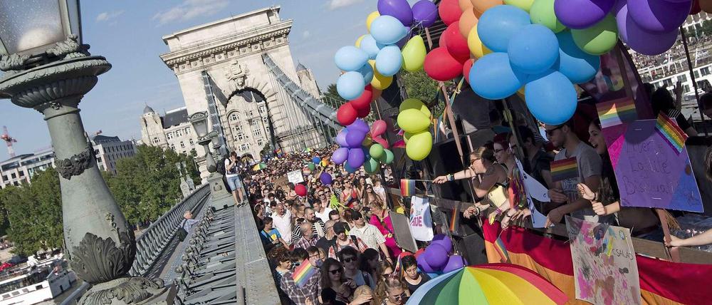 Der Budapest Pride zieht über die Kettenbrücke der ungarischen Hauptstadt.