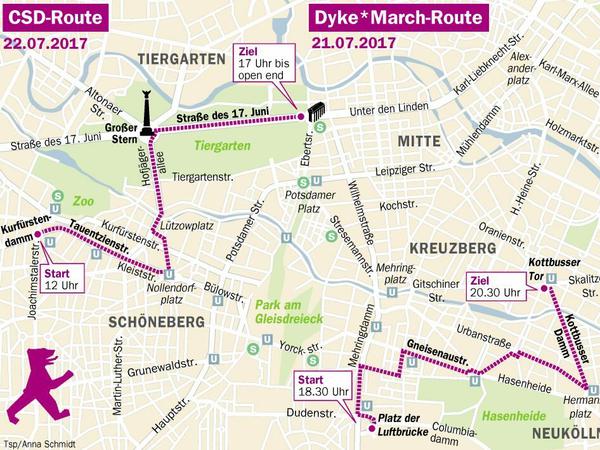 Die Routen des Berliner CSD und des Dyke*March 2017.